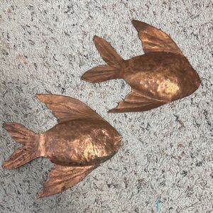 Pair of vintage copper brutalist fish wall art decor